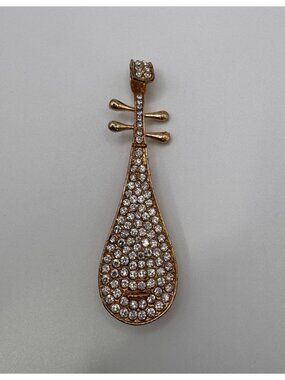 Vintage Rhinestone Mandolin Brooch Gold Tone Figural Instrument Pin 3 Inch